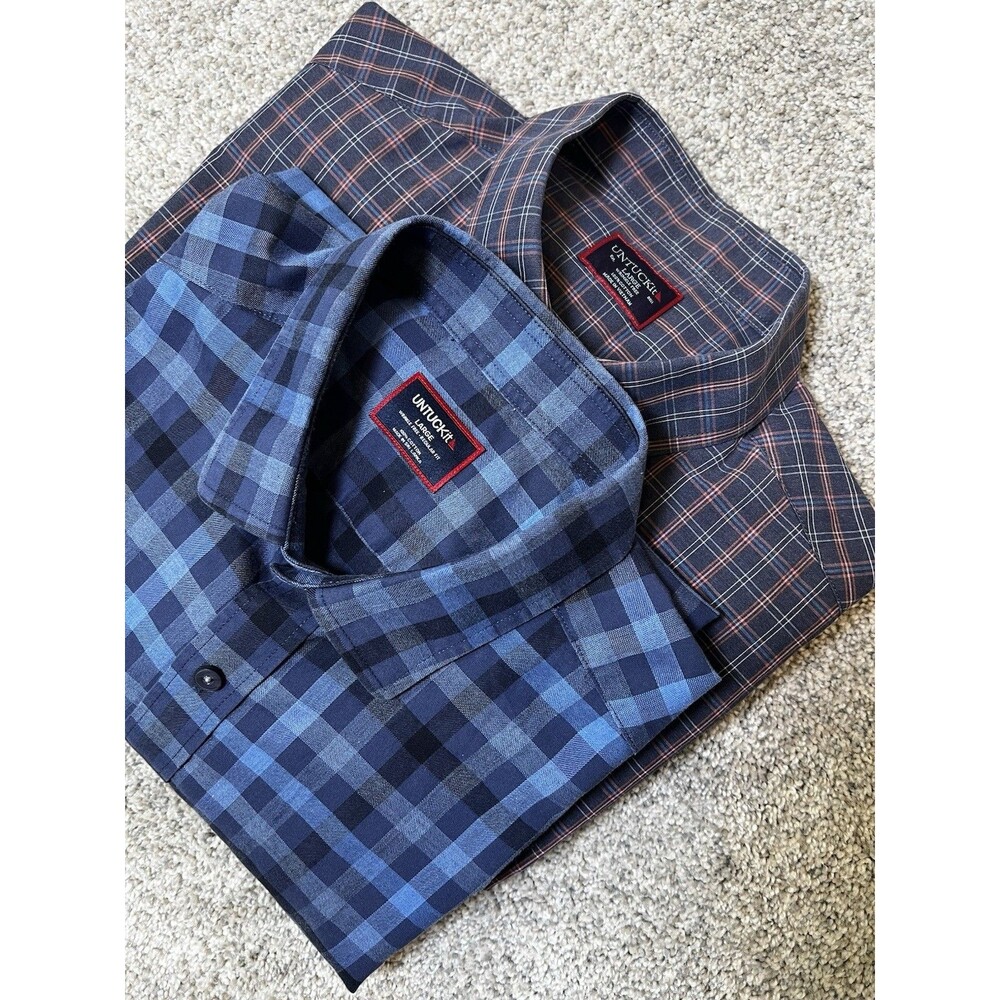 UNTUCKit Men’s  Lot/2 Long Sleeve Shirts Wrinkle Free Large Navy Blue Plaid